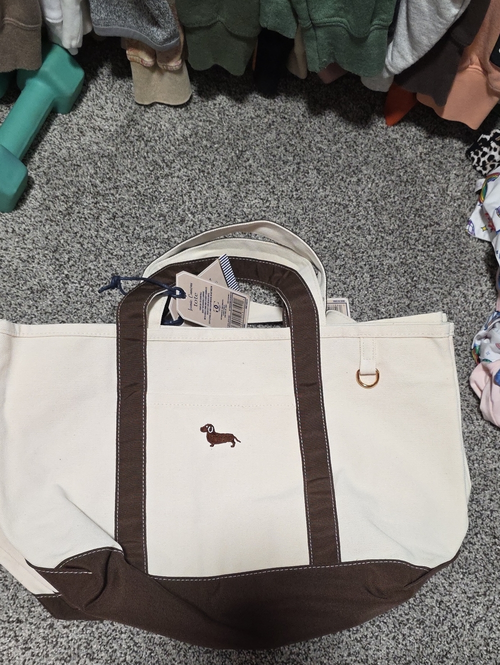 Canvas Tote Bag with Brown Accents and Dachshund Embroidery
